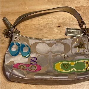 Coach Gold and Blue Shoulder Bag with Signature Style